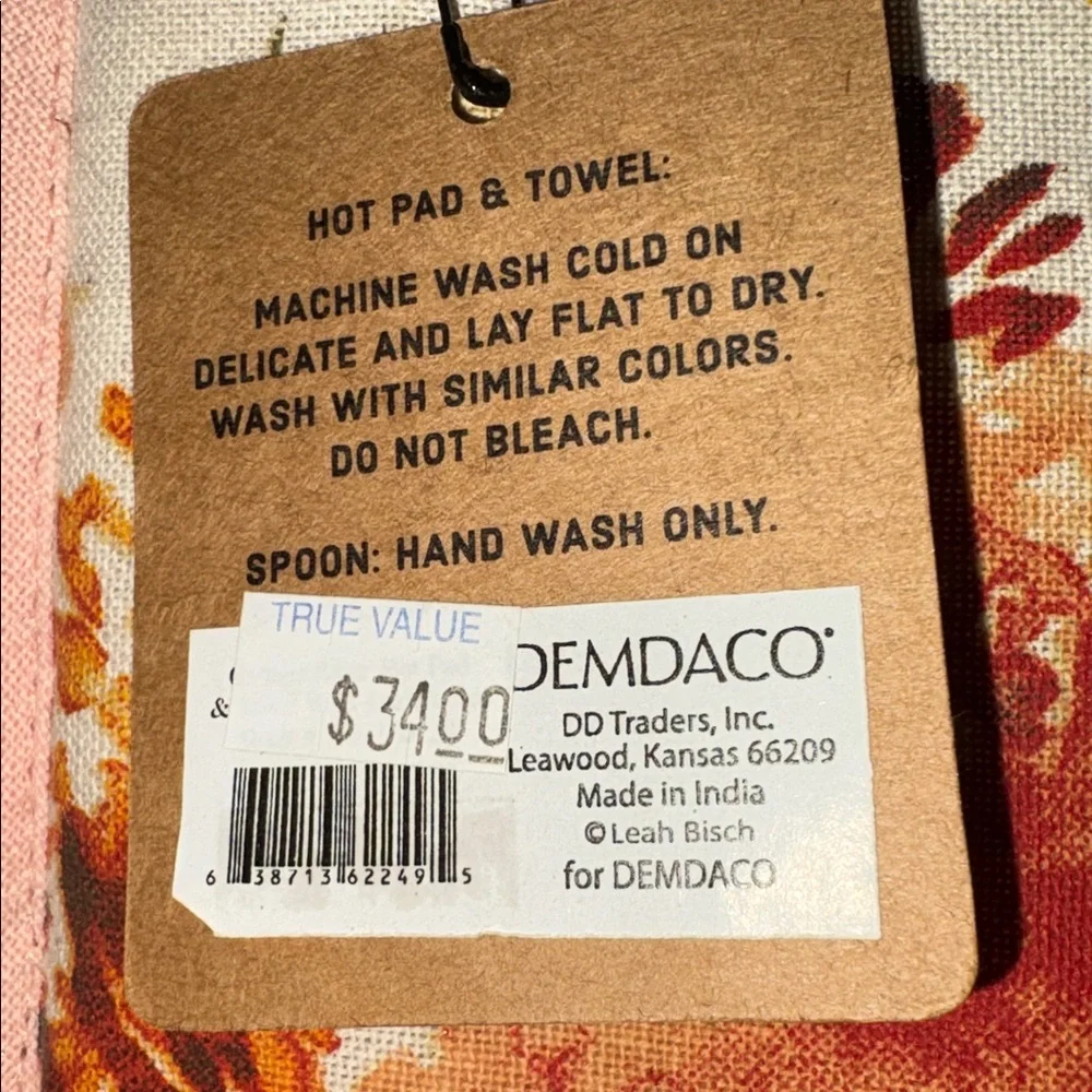 Demdaco Pink Trim Floral Hot Pad, Tea Towel and Wooden Spoon Gift Set NWT
